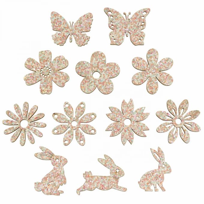 Strooidecoratie hout, strooistukken lente Pasen roze 2–4cm 64st, 64 St