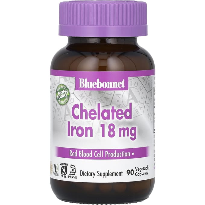 Bluebonnet Nutrition, Gekeleerd IJzer, 18 mg, 90 Plantaardige Capsules