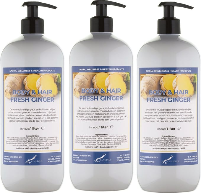 Body & Hair Fresh Ginger 1 Liter - met gratis pomp - set van 3 stuks - 2 in 1 voor lichaam en haar.