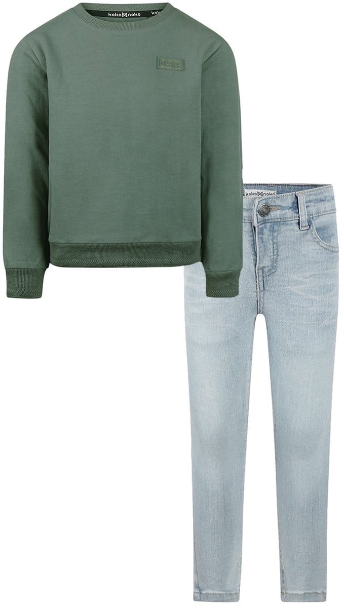 Koko Noko - Kledingset - Basic Collection - Bio Cotton - Blue jeans - Sweater with crewneck Dark Green - Maat 92