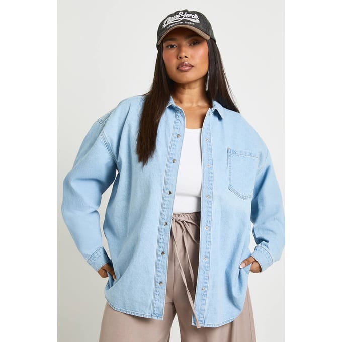boohoo Dames Plus Oversized Denim Overhemd | Gebleekt | Maat: 44