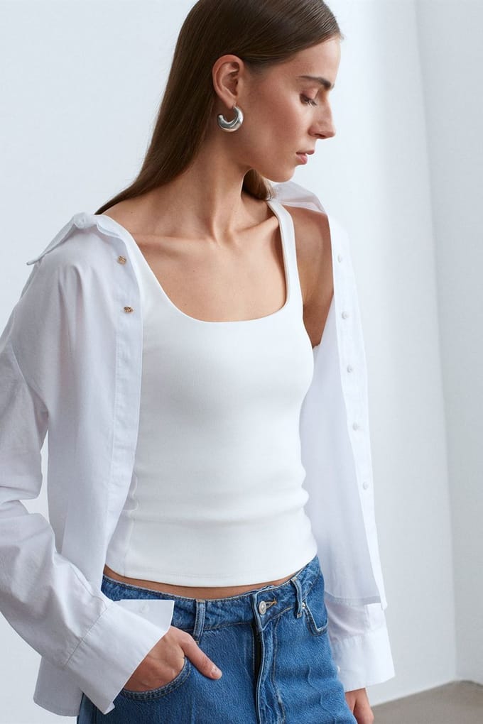 Geribbelde vierkante hals mouwloze blouse
