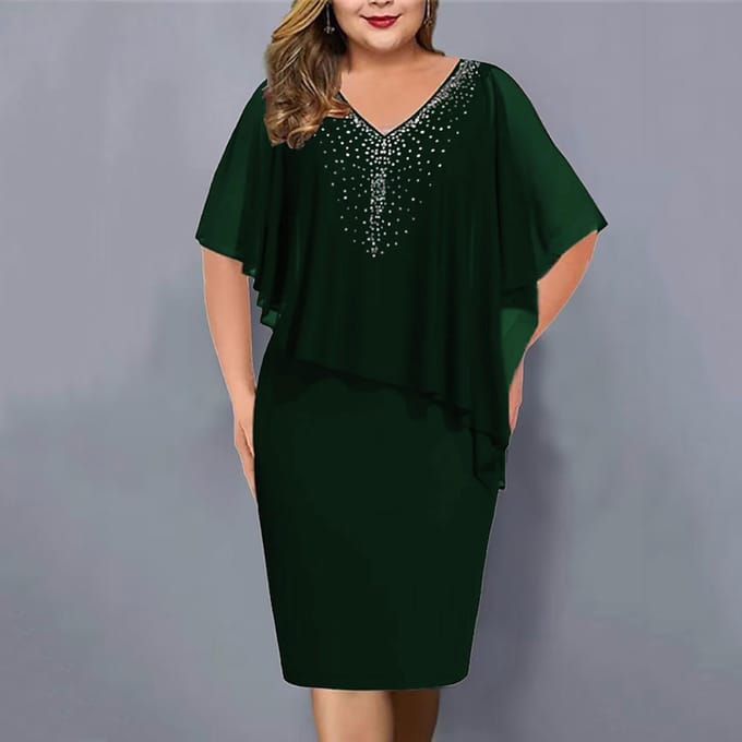 Dames Plus Size V-hals Overlay Asymmetrische Biljurk Chiffon Pailletten Jurk 4XL wijnrode kleur