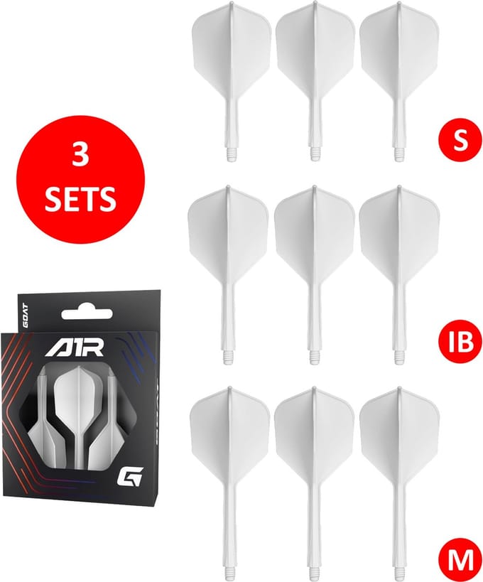 GOAT Air White NO6 - Multipack - Dart Flights & Shafts - 3 Sets - Medium, Inbetween & Short