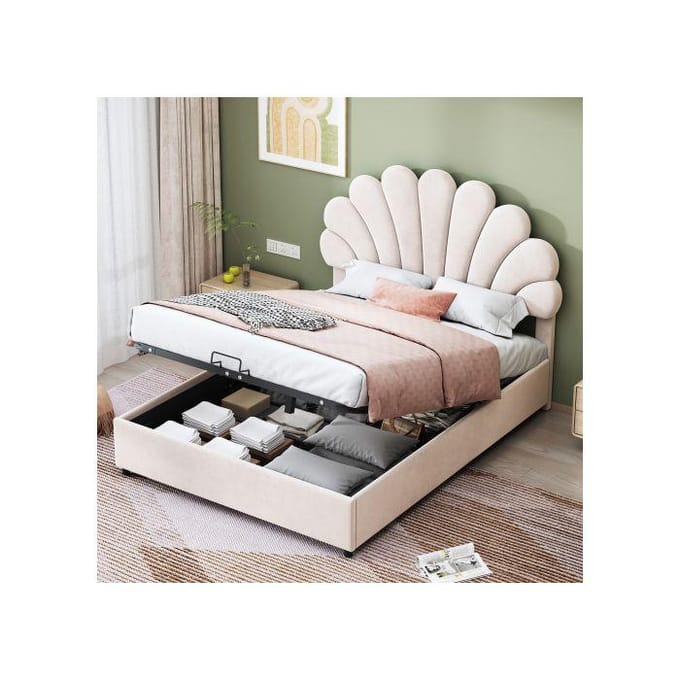 Lit capitonné - MUVOE - 140x200 cm - Tête de lit réglable - Rangement intégré - Velours beige beige
