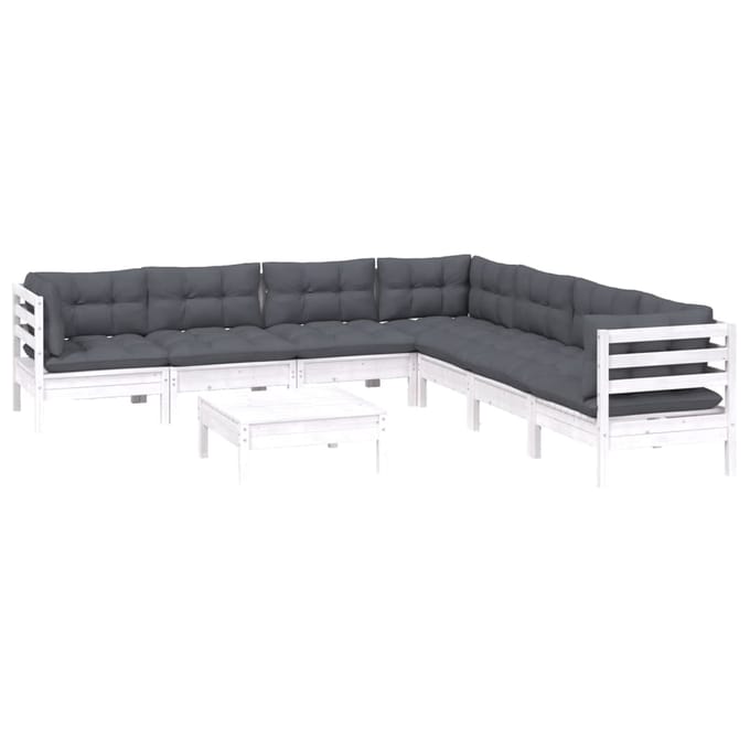 vidaXL - 8-delige - Loungeset - met - kussens - massief - grenenhout - wit