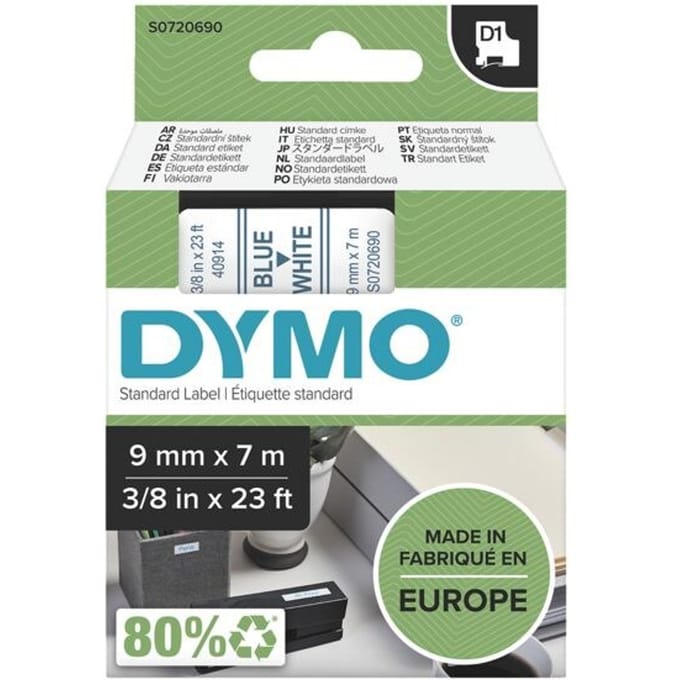 Etiketten DYMO D1 S0720690 Polyester Tapekleur: Wit Tekstkleur:Blauw 9 mm 7 m