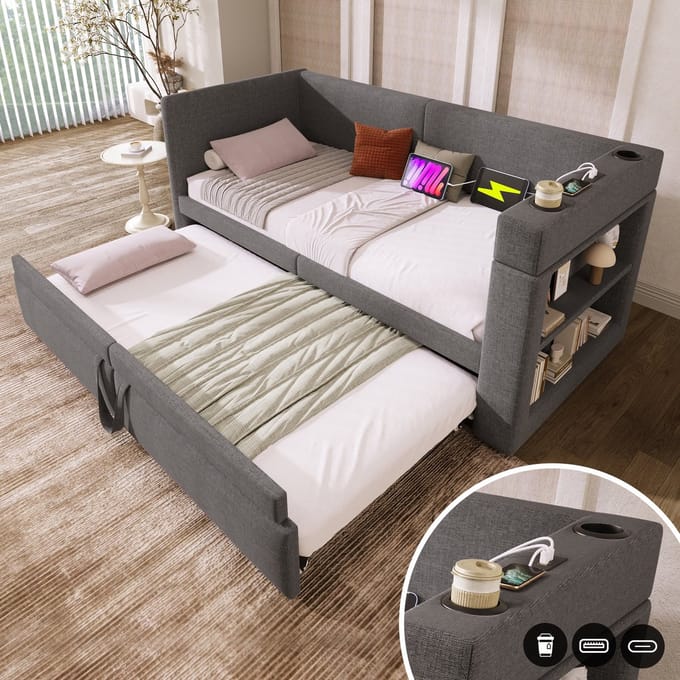 Sweiko Slaapbank - 90*200cm - met Uitschuifbaar bed - USB/Type-C - Bekerhouder - Linnen - Grijs