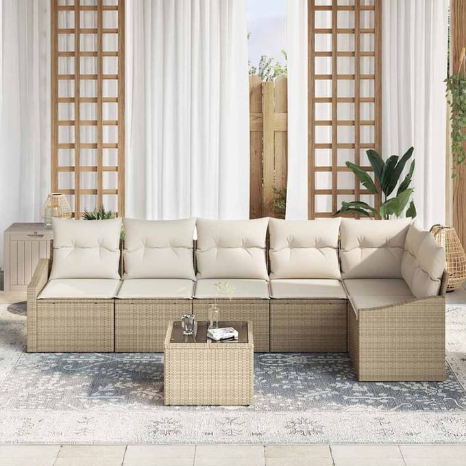 vidaXL - Tuinbank - Set - 7 - st - Beige - en - Crème - poly - rattan