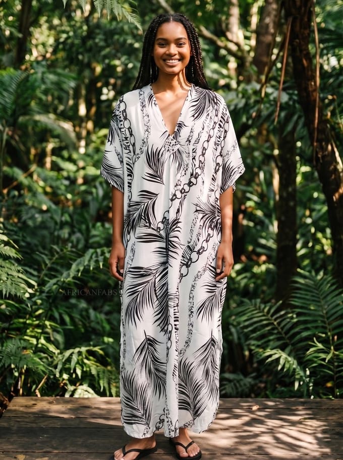 Boho rayon kaftan jurk - Wit Zwart Palm Chains - Strand Cover Up Caftan Maxi Jurk