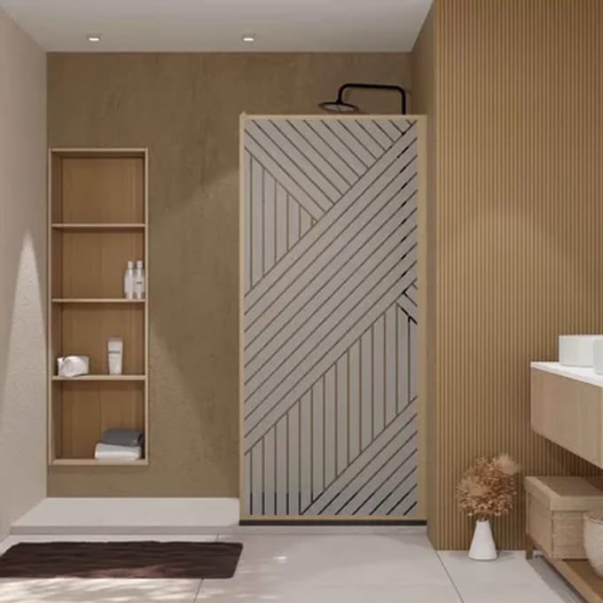 Aurlane Douchezijwand Japandi - Zeefdruk Glas 6mm - Houtdecor - 90x200cm