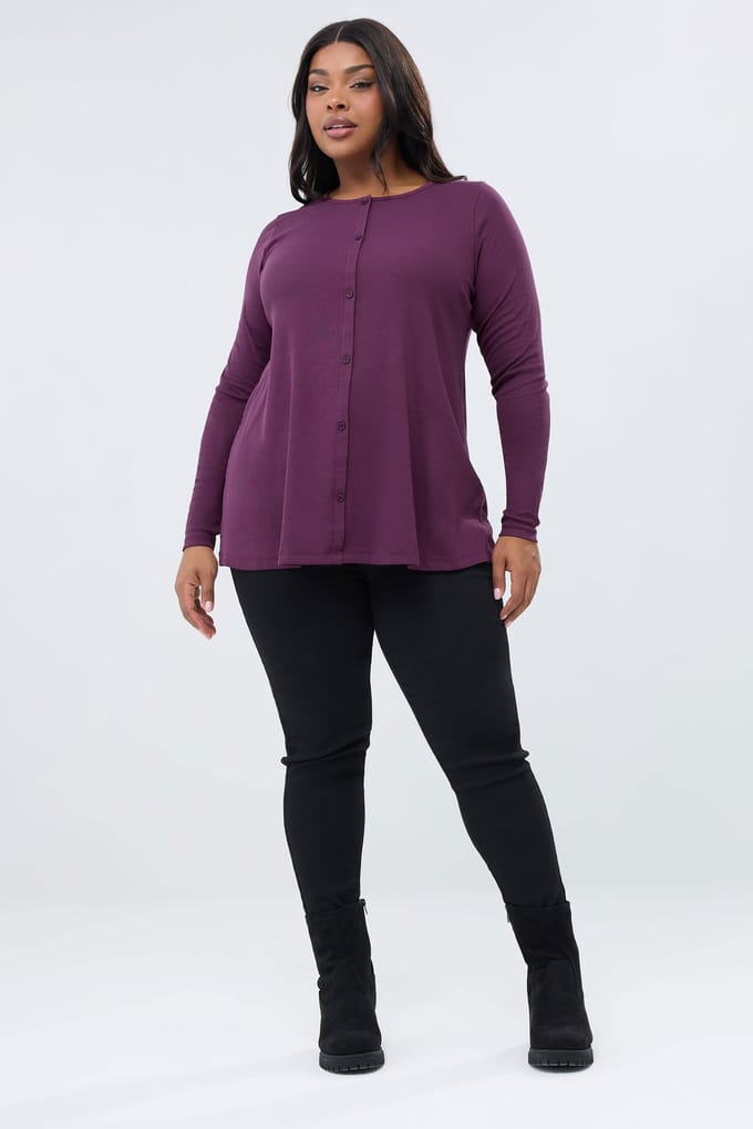 Yours Paarse Geribbelde Knoop Door Henley Top Size 46