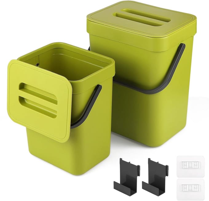 Keuken Compostbak - Afvalbak met Deksel - Afval Scheiden - Ruimtebesparend Ontwerp - 5L + 3L - Groen