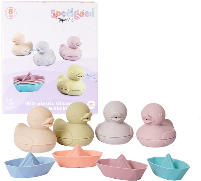 Speelgoedtopdeals - BIOplastic Badeendjes met bootjes pastel - Duurzaam Speelgoed - Badspeelgoed