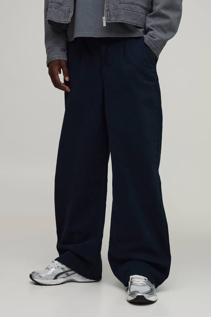 Plus Wide Fit Broek met Half & Half Tailleband van gewassen twill | Dark Navy | Size Medium