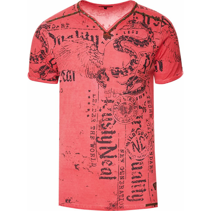 V-hals T-shirt met prints en suède Details