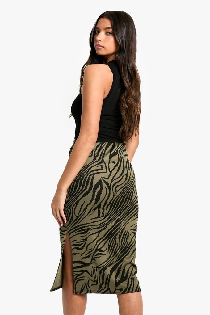 boohoo Dames Zebraprint geribde midi-rok met split aan de zijkant | Khaki | Maat: 6