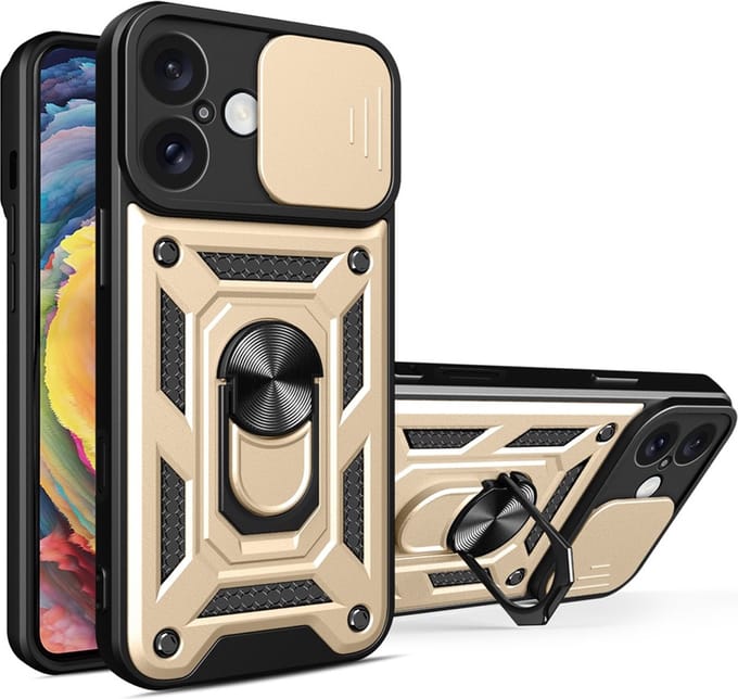 MobyDefend Hoesje - Geschikt voor iPhone 16 Plus - Pantsercase Met Draaibare Ring - Goud