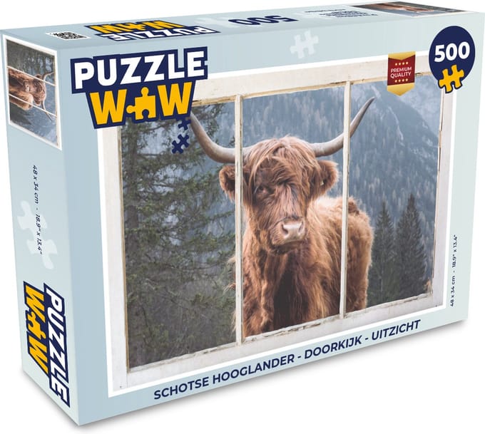 Puzzel Schotse hooglander - Doorkijk - Uitzicht - Legpuzzel - Puzzel 500 stukjes