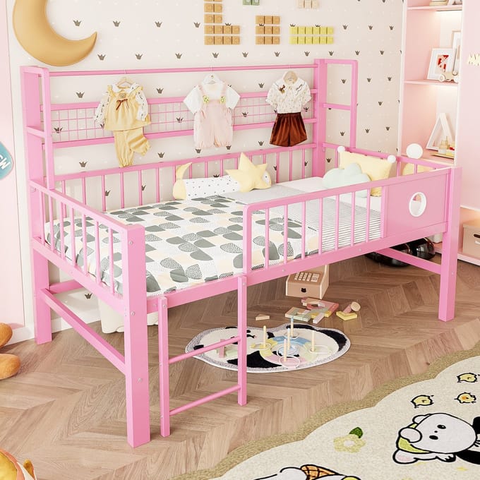 Sweiko Halfhoogslaper - 90 x 200 cm - Metalen frame - Kinderbed - Roze