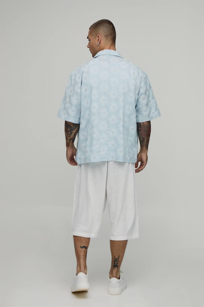 Oversized Geborduurd Shirt Met Korte Mouwen En Reverskraag | Light Blue | Size Medium