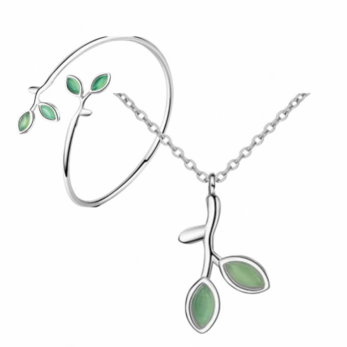 2-Delige Set- Zilver- Ketting - Bangle armband -Green Leaf-Charme Bijoux