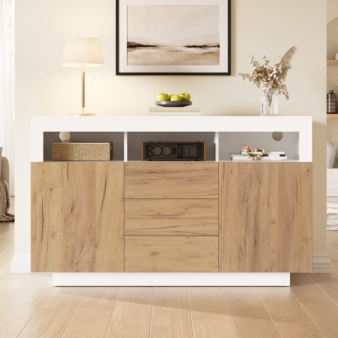 Sweiko Dressoir - Halmeubel - 3 lades - Houtlook - Verstelbare planken - Natuurlijk + Wit