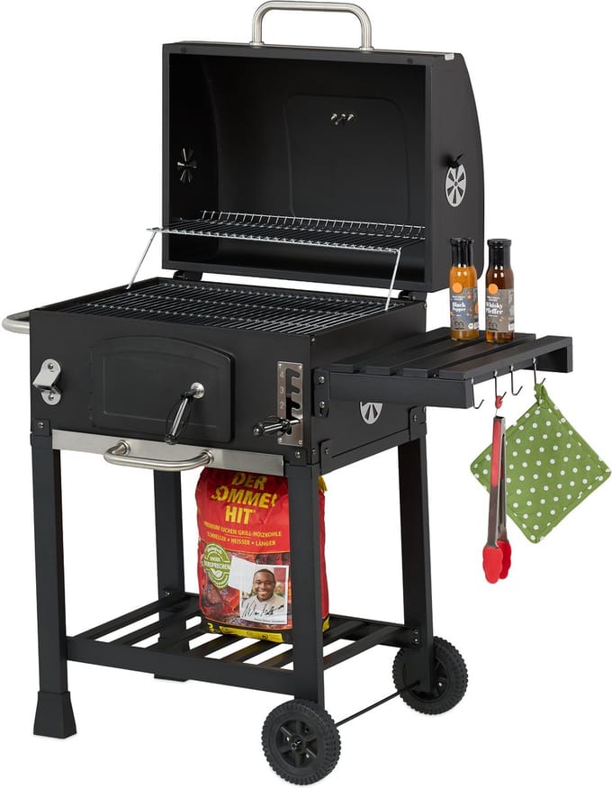 Houtskoolbarbecue - met deksel en wielen - met 2 roosters
