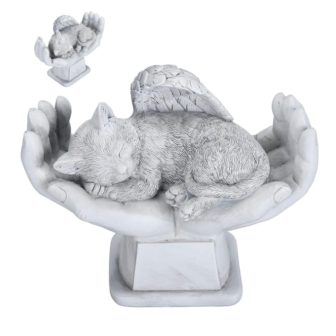 Huisdier Gedenkbeeld Buitentuin Decor Ornament Engel met Gods Handen Grafsteen Kat gray