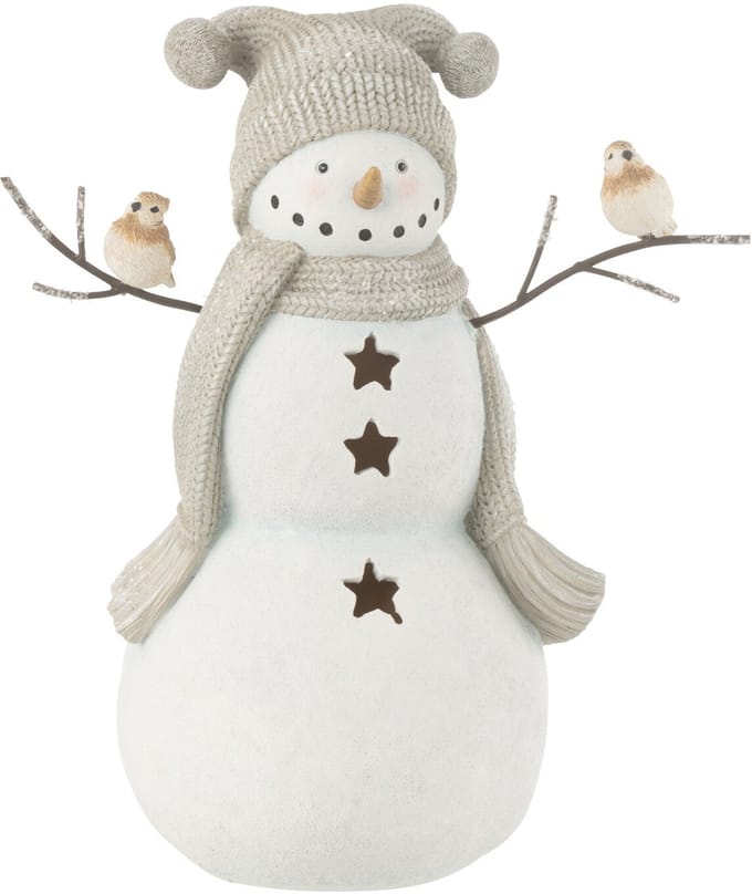J-Line figuur Sneeuwman vogels - polyresin - wit/grijs - small