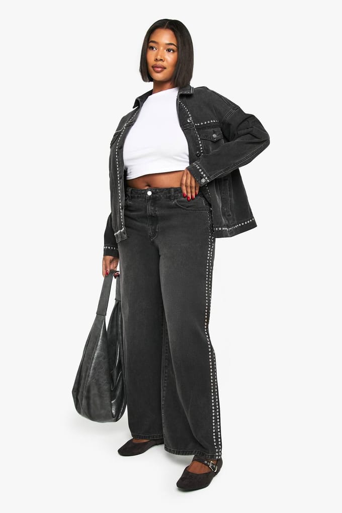 boohoo Dames Plus met studs versierde jeans met wijde pijpen | Black | Maat: 16