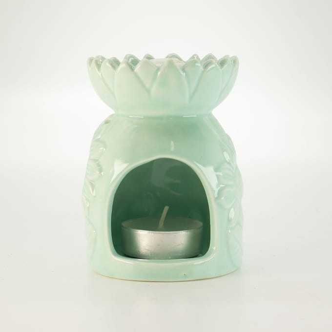 Keramische zonnebloemoliebrander - pastelgroen