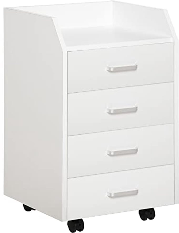 Bureaukast met wielen en 4 schuifladen - Wit MDF en Spaanplaat - Compact en Functioneel
