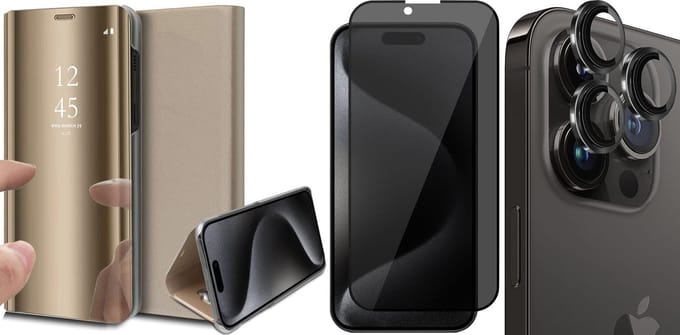 Hoesje geschikt voor iPhone 15 Pro Max - Privacy Screenprotector FullGuard & Camera Lens Screen Protector Zwart - Book Case Spiegel Goud