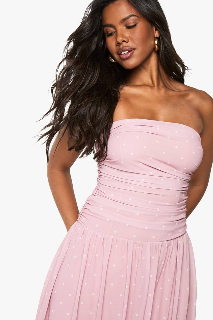 boohoo Dames Chiffon Polka Dot Bandeau Midaxi Jurk | Lichtroze | Maat: 40