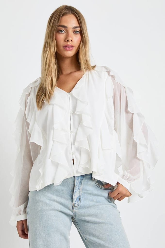 boohoo Dames Chiffon blouse met ruches | Creme | Maat: 34
