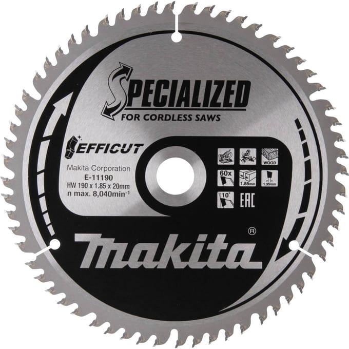 Makita EFFICUT ref.190x20x60Z E-11190 Makita E-11190 Diameter:190 mm Aantal tanden:60 Dikte:1.45 mm
