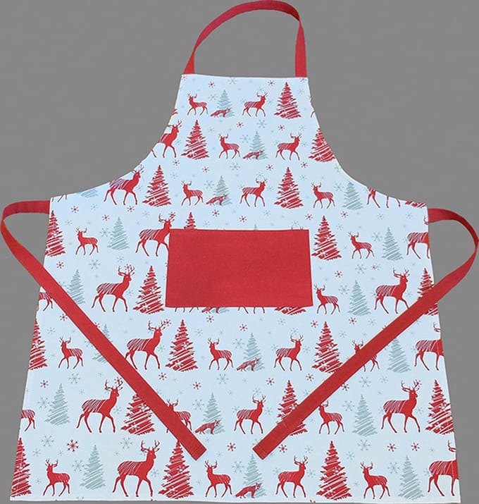 Schort – Katoen – Kerst – Wit – Rood – Kerstbomen – Herten – Rendieren – 70 x 85 cm