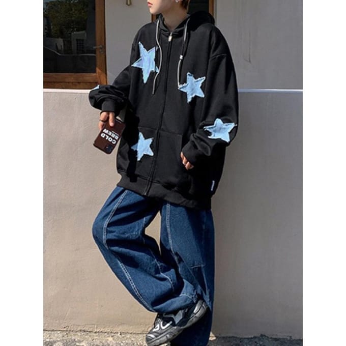 Dames Star Patch Zip Up Hoodie voor dames Oversized Y2k Sweatshirt Jack E-Girl 90s Pullover Streetwear M gray
