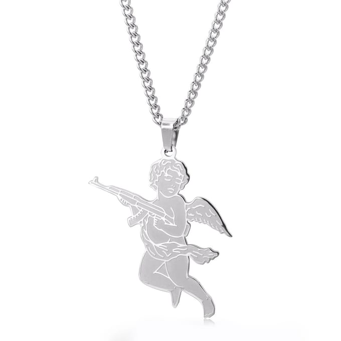 Engel met Geweer Ketting - Zilverkleurig - Grappige Hanger Ketting 60cm - Pax Amare