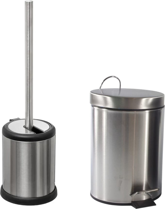 5Five - WC/Toiletborstel houder zilver rvs 39cm en pedaalemmer 3 liter