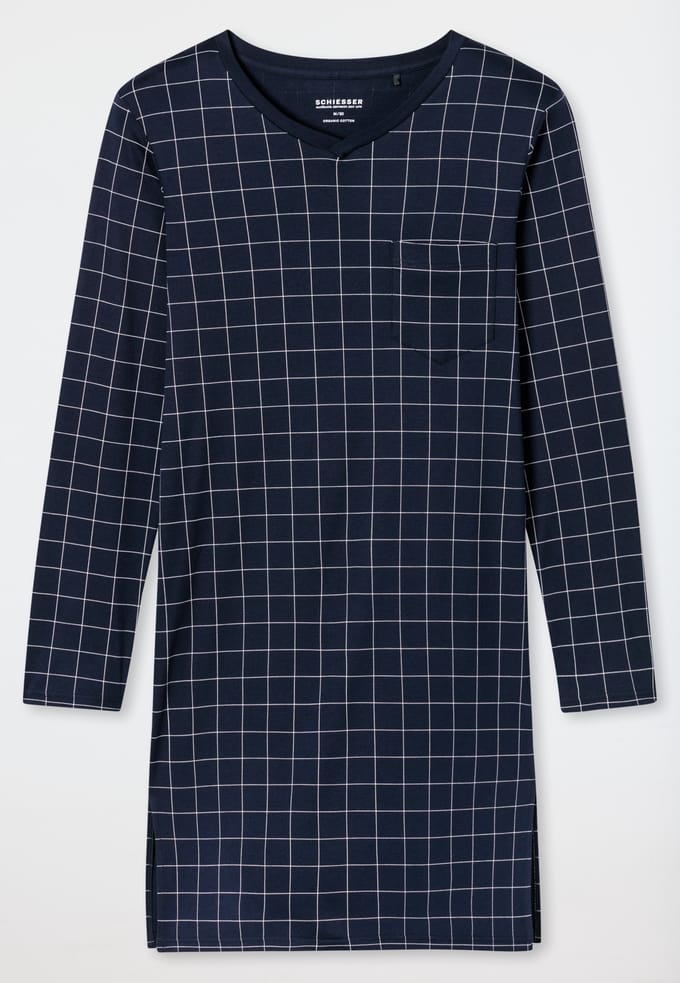 Nachthemd met lange mouwen, interlock, donkerblauw geruit - Fine Interlock 58