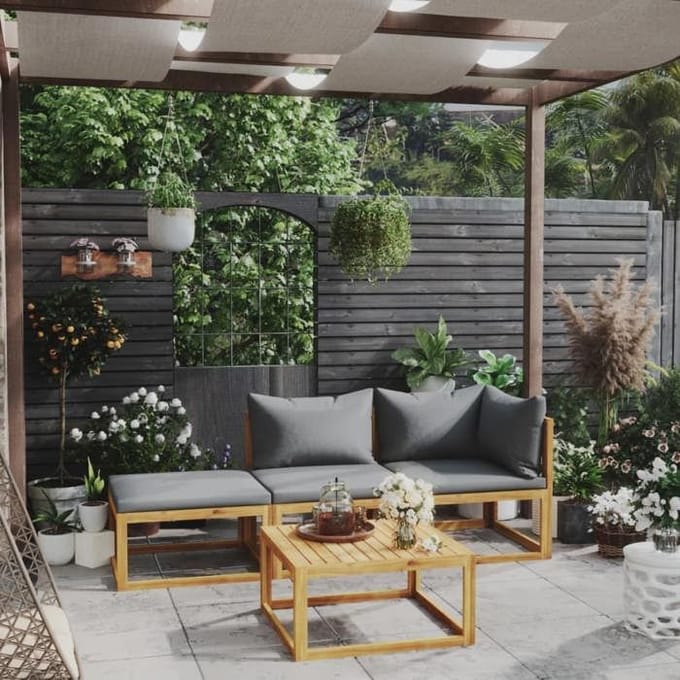 Salon de jardin - MAISON EXCLUSIVE - 4 pcs - Bois d'acacia massif - Modulable - Coussins déhoussables gris