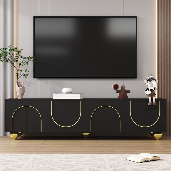 TV-lowboard - Getextureerde Deuren - Push-to-open en Goud - Met Inlegplanken - Hout - Wit