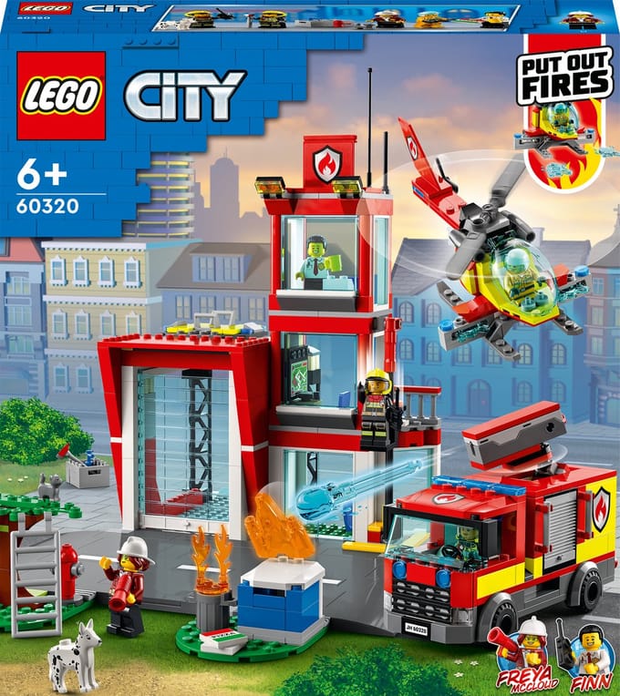 LEGO® City Brandweerkazerne 60320 bouwset voor kinderen vanaf 6 jaar; 3 verdiepingen met een garage, receptie, kamers van de brandweerlieden en meldkamer, 5 minifiguren en een brandweerwagen en helikopter die waterelementen afvuren (540 onderdelen)