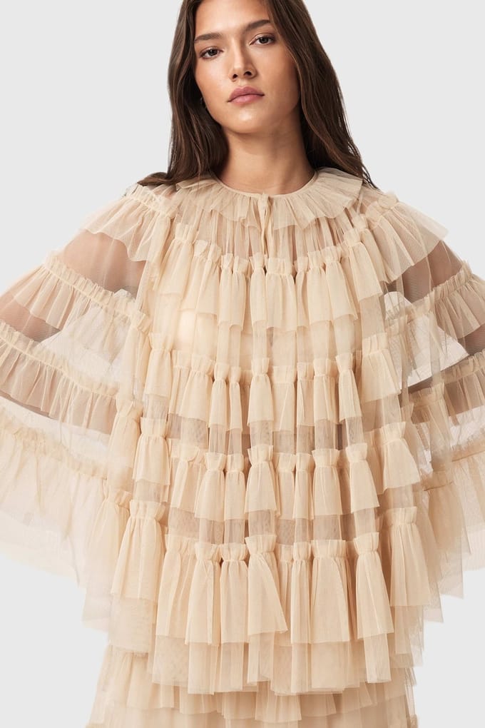 AllSaints Aude Ruffle Cape Blush Pink Größe: OS | Maxikleider Outlet | Damen | Rosa