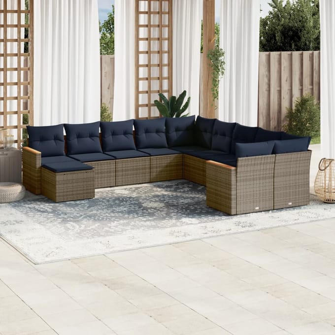 vidaXL - 11-delige - tuinbankset - met - kussens, - grijs - polyrotan