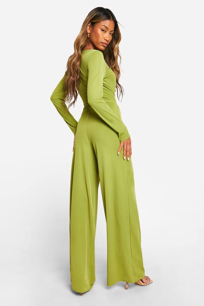 boohoo Dames Premium Cut Out Matte Slinky Jumpsuit | Olijf | Maat: 42