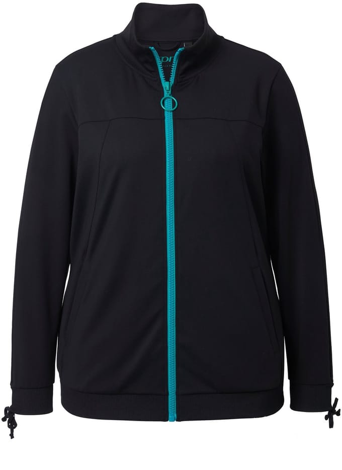 Ulla Popken - Dames - Sweatvest rimpelband bij de mouwen capuchon 2-wegrits - Zwart - Maat 50+