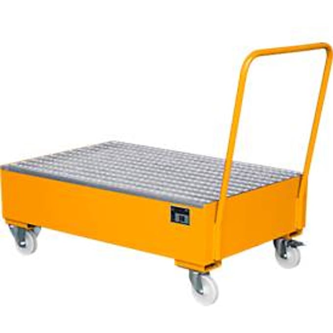 Stalen lekbak met wielen + greep, 1200 x 800 mm, oranje RAL 2000